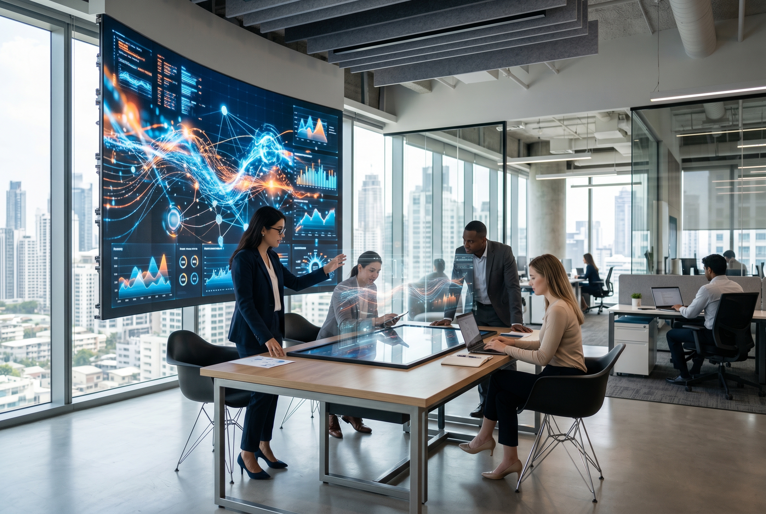 Modern bir ofis ortamında verilerin akışını temsil eden dijital arayüz görseli