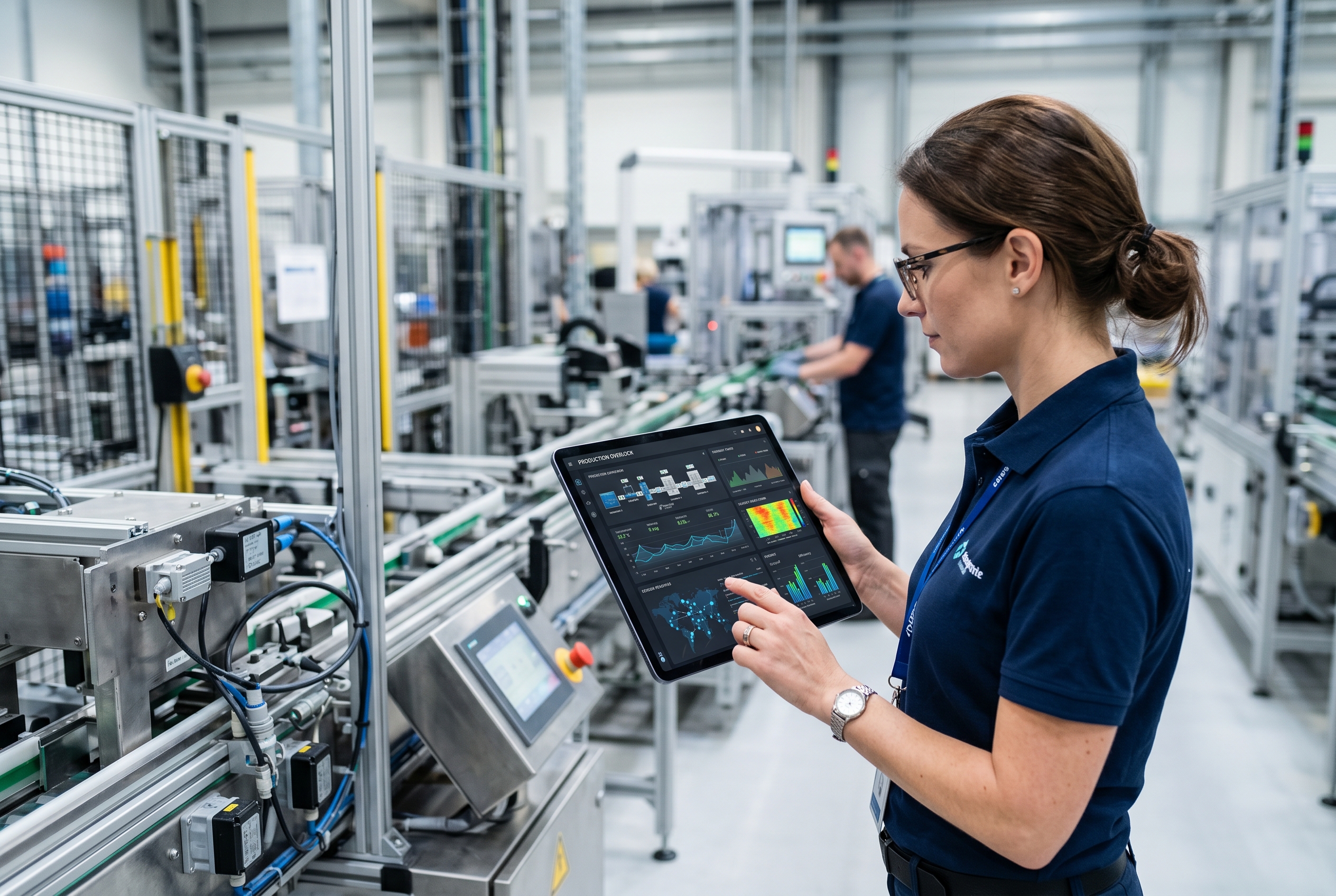 Üretim tesisinde sensörlerle donatılmış makineleri analiz eden bir tablet ekranı