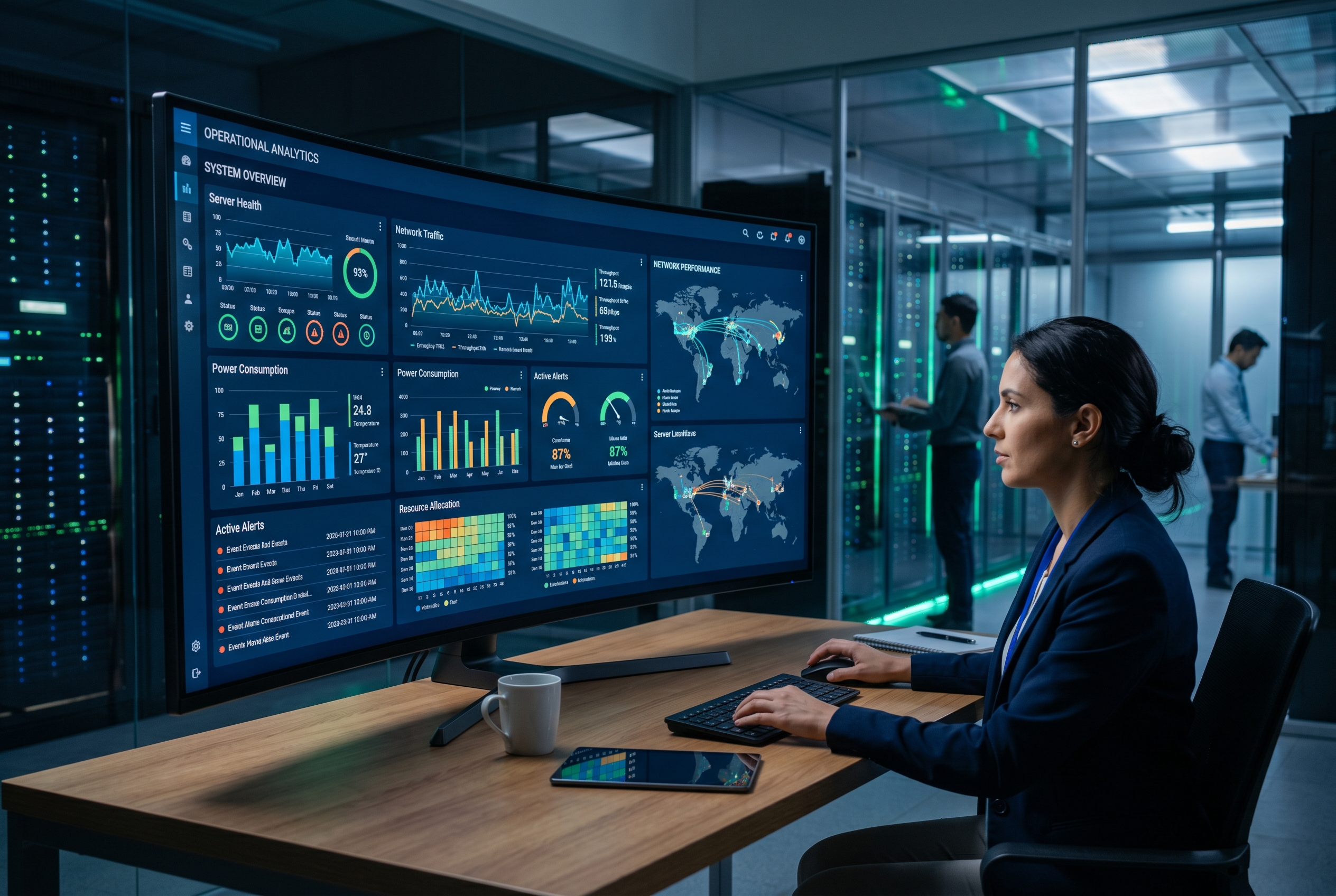 Modern bir veri merkezinde operasyonel verileri analiz eden dijital dashboard arayüzü görseli