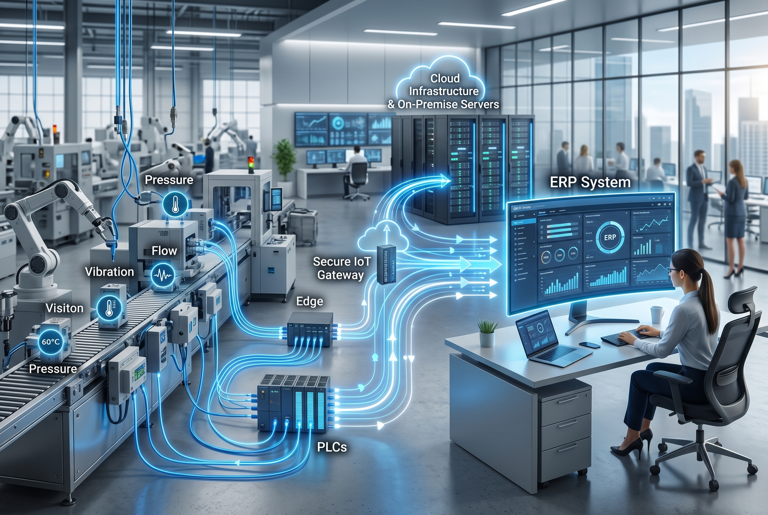 Veri akışını gösteren, sensörlerden ERP sistemine uzanan dijital dönüşüm şeması