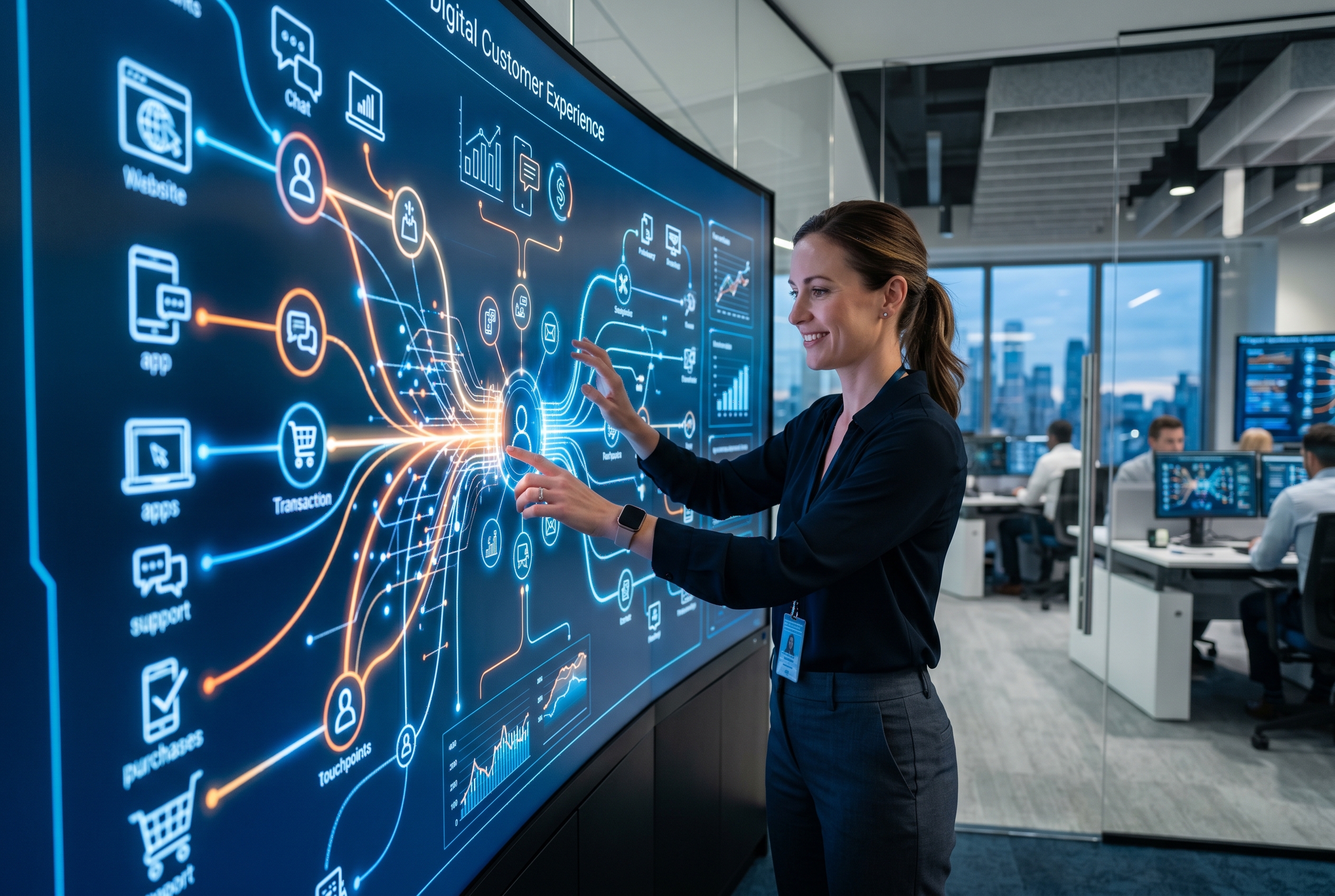 Dijital dünyada veri akışının merkezinde yer alan bir müşteri deneyimi görseli